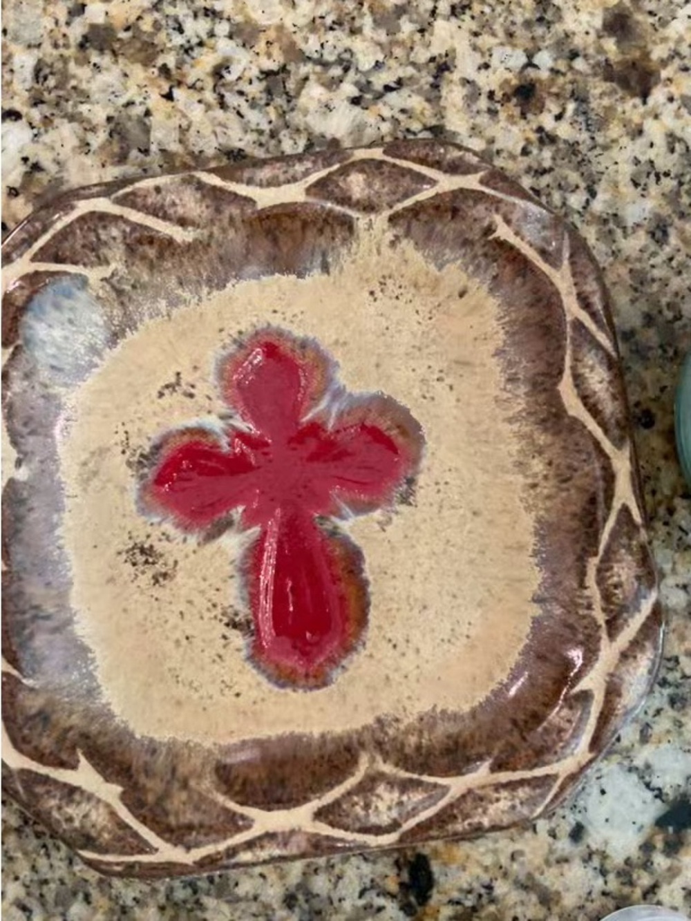 Handcrafted trinket small pottery decorative plate with Red Cross Accent